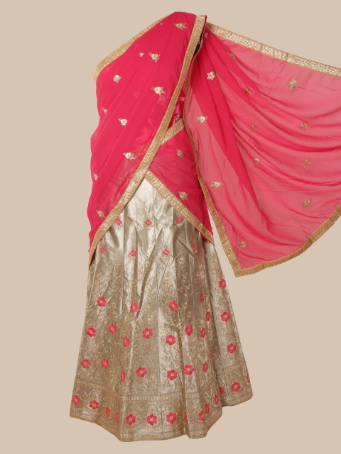 

Pothys Pink & Grey Poly Chiffon Woven Design Lehenga Saree