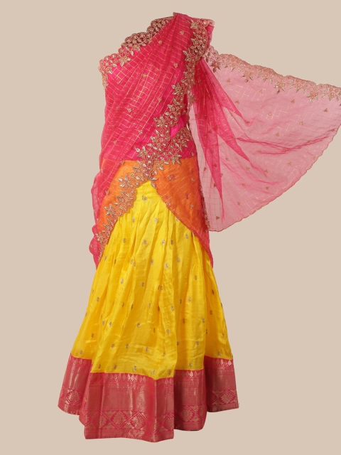 

Pothys Pink & Yellow Cotton Blend Checked Lehenga Saree