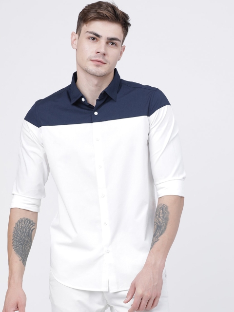 

HIGHLANDER Men White & Navy Blue Slim Fit Colourblocked Casual Shirt