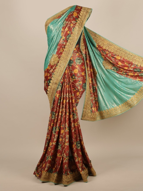 

Pothys Maroon & Sea Green Jute Silk Printed Saree