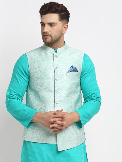 

NEUDIS Men White & Turquoise Blue Woven Jacquard Nehru Jacket