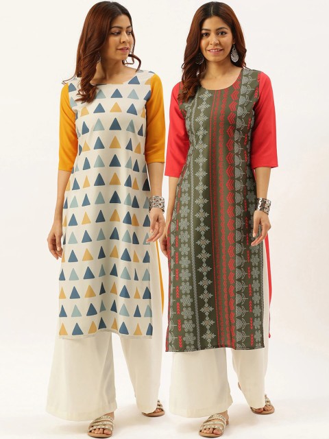 

7Threads Pack Of 2 Women Multicoloured Ethnic Motifs Printed Crepe Kurta, Multi