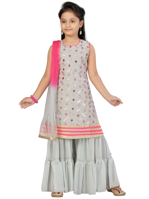

Aarika Girls Grey & Pink Embroidered Kurta with Sharara & Dupatta