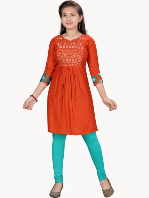 

Aarika Girls Orange Yoke Design Regular A-Line Pure Cotton Kurta with Churidar