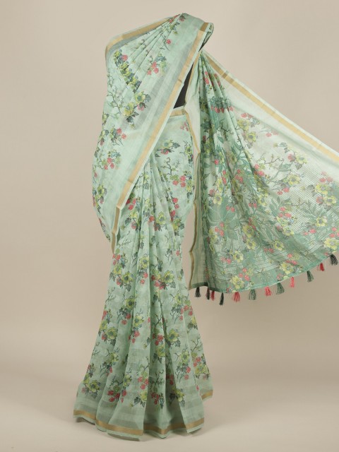 

Pothys Sea Green Printed Jute Silk Saree