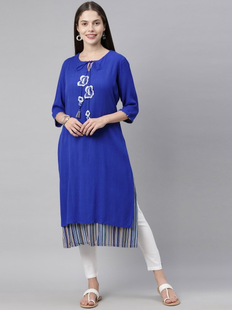 

Neerus Women Blue Ethnic Motifs Yoke Design Keyhole Neck Flared Sleeves Thread Work Kurta
