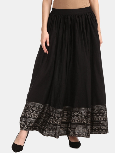 

Bronz Women Black & God-Colored Printed Pure Cotton Flared Maxi Skirt