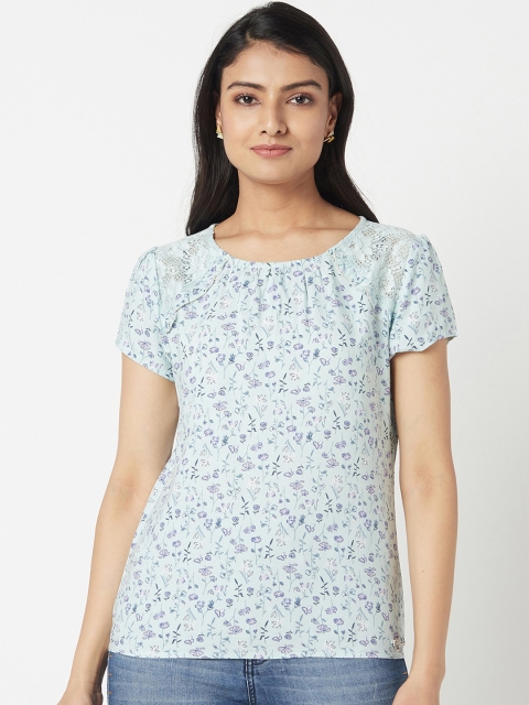 Miss Grace Blue Floral Printed Pure Cotton Regular Top