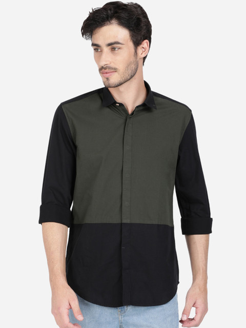 

Bene Kleed Men Black & Olive Green Slim Fit Colourblocked Casual Cotton Shirt