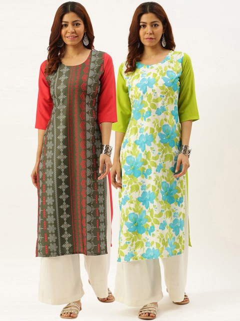 

7Threads Women Pack of 2 Multicoloured Ethnic Motifs Printed Crepe Kurta, Multi