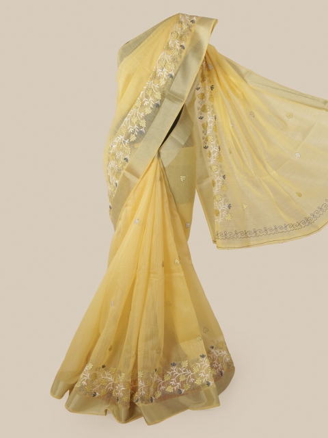 

Pothys Yellow Cotton Blend Embroidered Chanderi Saree