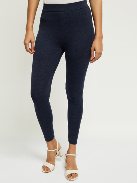 

max Women Navy Blue Solid Ankle Length Leggings