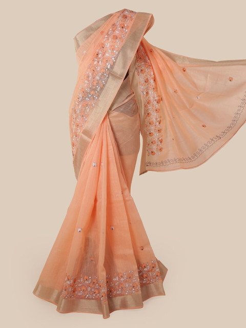 

Pothys Orange Cotton Blend Embroidered Chanderi Saree