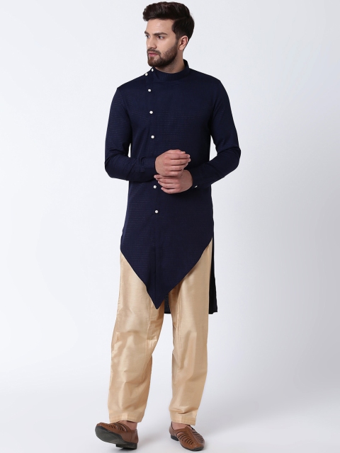 I Know Men Navy Blue Solid V-Cut Asymmetric Dobby Kurta