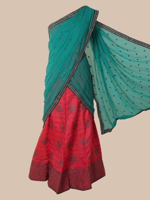

Pothys Teal & Red Poly Chiffon Embellished Saree