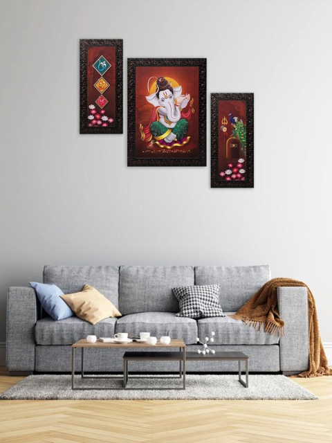 

Indianara Set of 3 Red & Brown Ganesha Framed Art Paintings