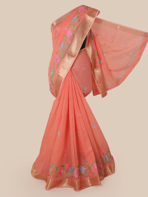 Pothys Peach-Coloured & Blue Cotton Blend Embroidered Chanderi Saree