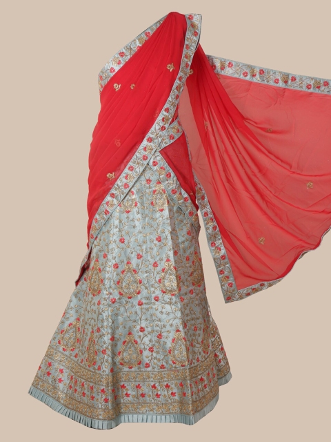 

Pothys Red & Blue Poly Chiffon Embroidered Lehenga Saree