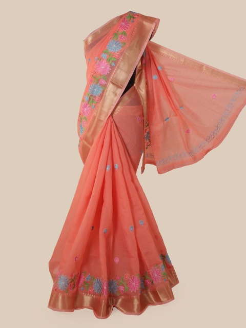 

Pothys Peach-Coloured Cotton Blend Embroidered Chanderi Saree
