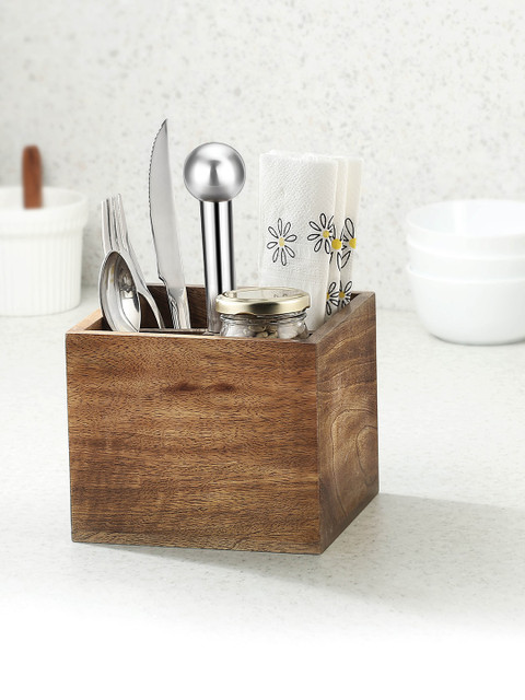 

WOODSMYTHS Brown & Silver-Toned Acacia Wood Cutlery Holder With Stainless Steel Handle