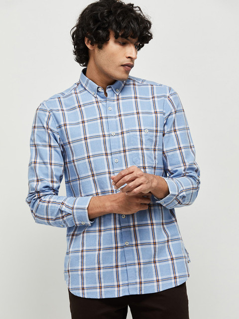 

max Men Blue & Off-White Cotton Slim Fit Checked Casual Shirt