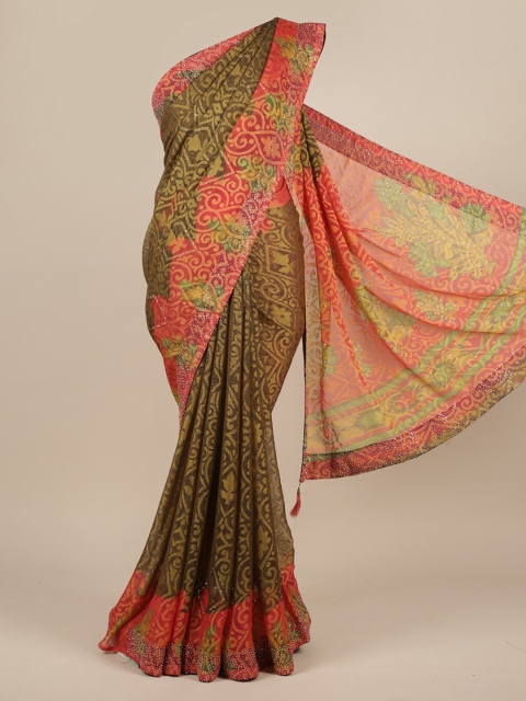 

Pothys Olive Green Printed Poly Chiffon Saree