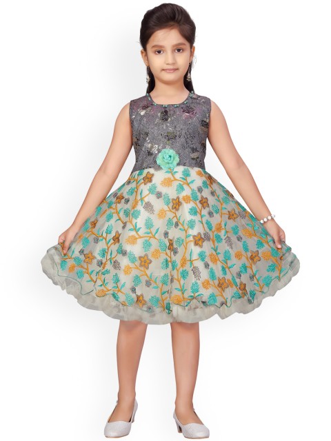 

Aarika Girls Grey & Green Embroidered Fit & Flare Dress