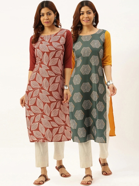 

7Threads Women Pack of 2 Multicoloured Ethnic Motifs Printed Crepe Kurta, Multi