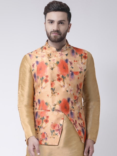 

I Know Men Peach-Coloured & Orange Floral Printed Woven Nehru Jacket