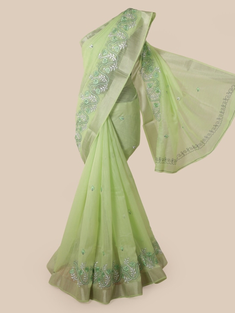 

Pothys Green Cotton Blend Embroidered Chanderi Saree