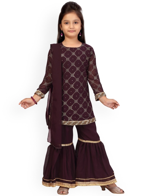 

Aarika Girls Burgundy & Golden Embroidered Kurta with Sharara & Dupatta