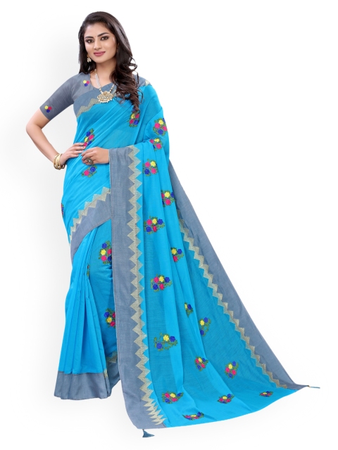 

KALINI Turquoise Blue & Pink Polycotton Embroidered Saree