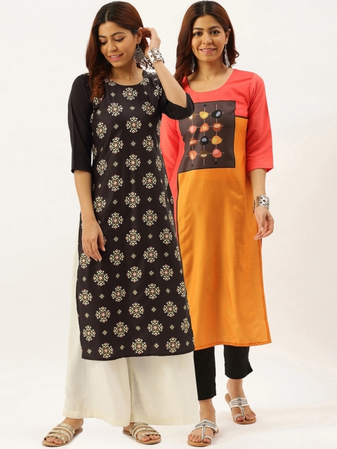 

7Threads Women Multicoloured Pack of 2 Geometric Yoke Design Crepe Kurta, Multi