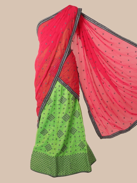 

Pothys Pink & Fluorescent Green Poly Chiffon Embroidered Lehenga Saree