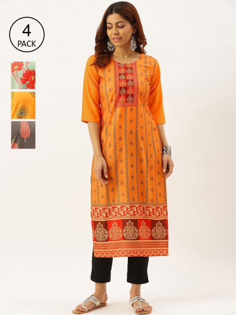 

7Threads Women Pack Of 4 Printed Crepe Kurta, Orange