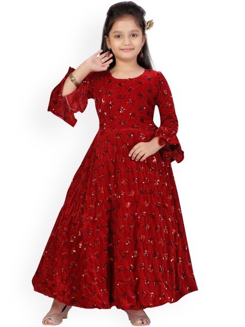 

Aarika Girls Maroon Sequinned Velvet Finish Gown