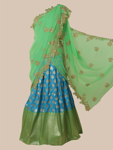 

Pothys Green & Turquoise Blue Poly Chiffon Woven Design Half Saree