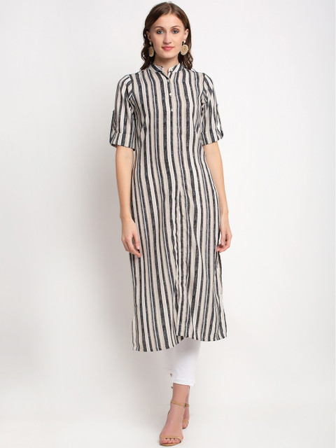 

Aujjessa Women Beige & Black Striped Linen Kurta