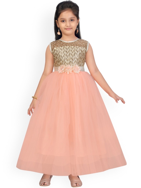 

Aarika Girls Peach-Coloured & Golden Embellished Gown