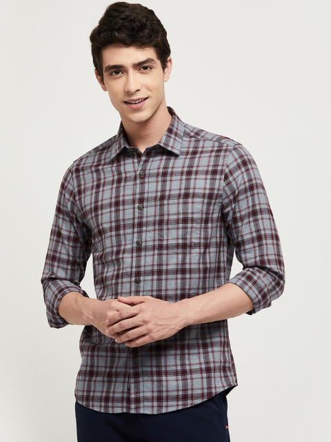 

max Men Grey & Maroon Regular Fit Checked Casual Shirt
