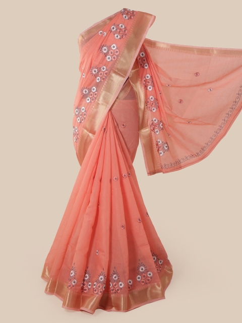 

Pothys Peach-Coloured Cotton Blend Woven Design Chanderi Saree