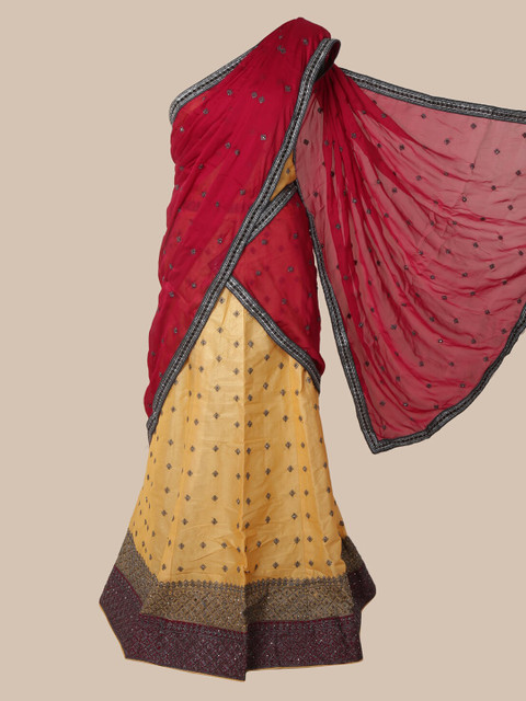

Pothys Yellow & Pink Poly Chiffon Embroidered Lehenga Saree