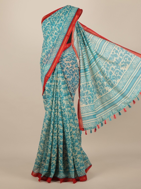 

Pothys Turquoise Blue Printed Jute Silk Saree With Tasseled Pallu