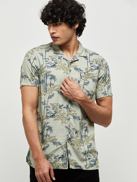 

max Men Olive Green & Blue Slim Fit Printed Casual Shirt