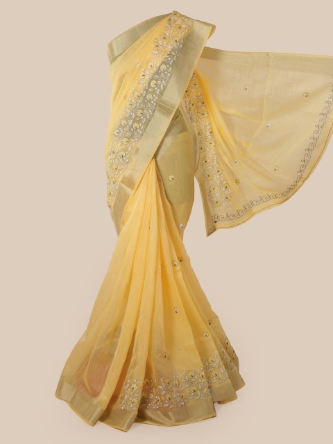 Pothys Yellow Cotton Blend Embroidered Chanderi Saree
