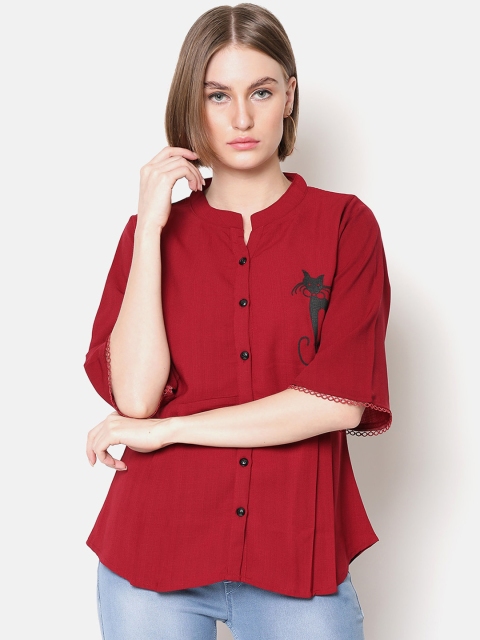 

V2 Value & Variety Maroon Mandarin Collar Regular Top