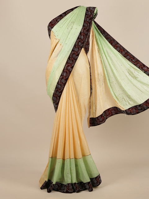 

Pothys Cream-Coloured Striped Poly Chiffon Saree