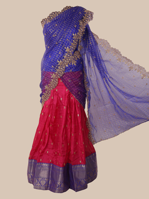 

Pothys Blue & Pink Cotton Blend Embroidered Half Saree