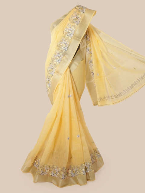 

Pothys Yellow Cotton Blend Embroidered Chanderi Saree