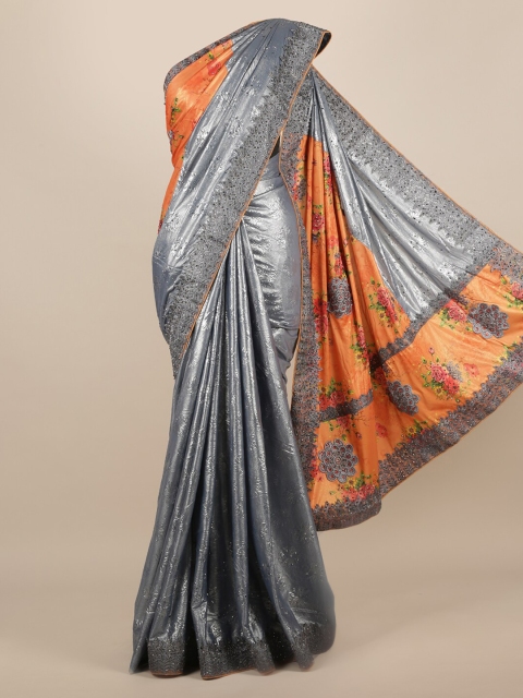 

Pothys Grey & Orange Jute Silk Embellished Saree